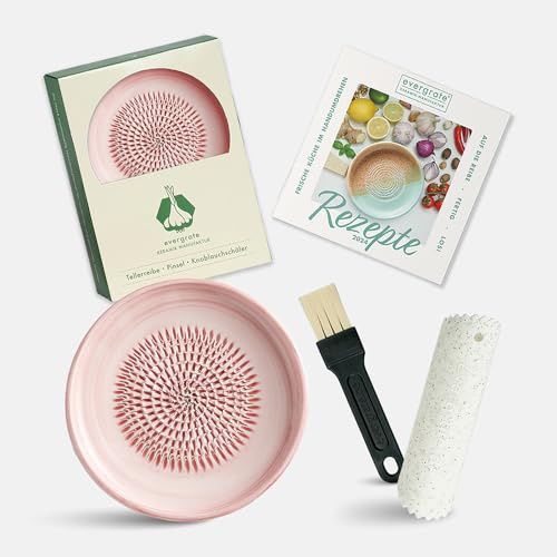 Evergrate® Keramikreibe Rosé mit Geschenkbox – mit Reibe, Knoblauchschäler, Rezeptheft & Pinsel – Handgefertigt für Ingwer, Knoblauch & mehr – Spülmaschinenfest & langlebig