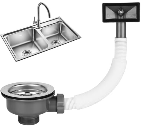 114 mm Sink Drain Set, Strainer Basket Valve Stainless Steel with Overflow, Strainer Basket Kitchen Sink Drain Fitting Sink, Stainless Steel Kitchen Sink Strainer Basket with Rectangle Interface for