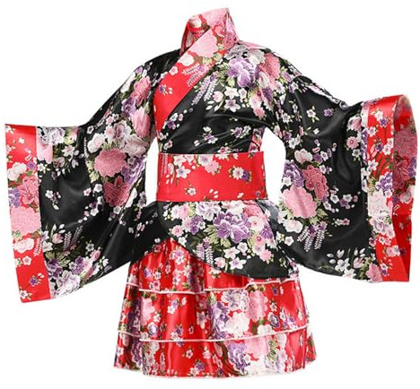 Floreale Giapponese Kimono Bambina Ragazze Vestaglia Raso Vintage Geisha Yukata Elegante Vestito Corte con Cintura Tradizionale Abito Accappatoio Kimono Bambino Maniche Lunghe (Black, 8-9 Years)
