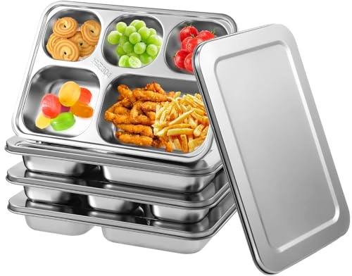 SWEWARM 4 Pcs Stainless Steel Bento Box Set with 5 Compartments and Lids, Snack Containers Lunch Trays for Adults and Kids, Reusable Meal Prep Lunch Containers for Work, Camp, Travel