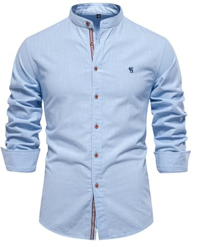 UHouse Chemise Homme Coton Manches Longues Col Mao Chemisette Bouton de Manchette Respirant Leger Vetement Fin Cut Haut Boutonné Habit Casaul Tunique Délavé vêtement