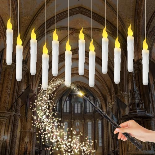CLIUNT 12pcs Bougies à LED Flottantes avec Télécommande Baguette Magique, Bougies Magiques à Suspendre, Bougie Flottantes Magiques Suspendues,Lumière Chaude Vacillante, pour église, fête, Christmas