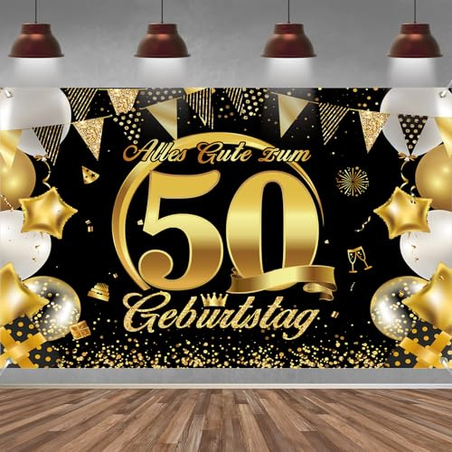 50. Geburtstag Banner Frauen Männer Deko Schwarz Gold 50 Geburtstag Hintergrund Banner, Extra Große Stoff Schild Poster für 50. Geburtstagsparty Deko, 210x150 cm