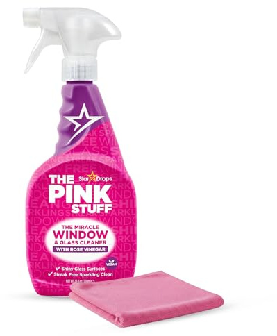 Window Cleaner Spray & Glass Cleaner – Pink Stuff Miracle Bundle with Rose Vinegar and Microfiber Cloth – Streak-Free Shine for Windows, Mirrors & Glass Doors