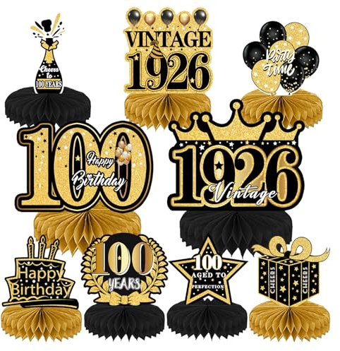 Decorazioni Centrotavola per 100° Compleanno, 9 Pezzi Addobbi per Centro Tavola a Nido d'Ape Oro Nero, Toppers da Tavolo a Carta per Feste di 100 Ann Compleanni, per Uomini Donne Nato nel 1926