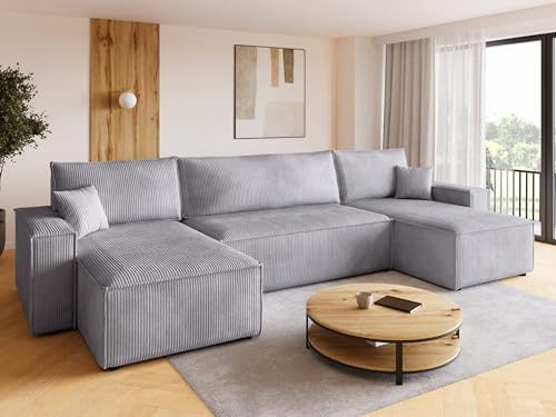 BROMARKT Ecksofa mit Schlaffunktion Cord Hellgrau Wohnlandschaft u Form Big Sofa Schlafsofa mit Bettkasten Schlafcouch Wohnzimmer Couch 5 sitzer 312x143x85 cm ADI