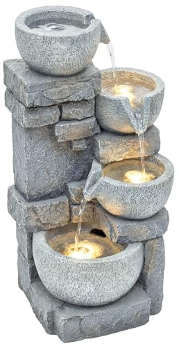 Outsunny Fuente de Agua Decorativa con Iluminación LED y Bomba, Fuente de Jardín Exterior en Cascada de 4 Niveles, Flujo Ajustable, Resistente a la Intemperie, para Jardín, Terraza, Patio, Gris