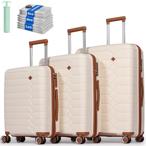 Tavoxda 3 Piece Luggage Sets Lightweight PP Hard Shell Suitcase Sets | 20''+24''+28'' Travel Luggage Set with Durable Spinner Wheels and TSA Lock, Travel Trolley Suitcase for Family-Beige