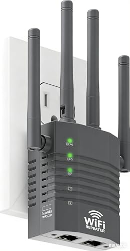 Extensor WiFi de doble banda, 5 GHz/2.4 GHz hasta 1.2 Gbps, cobertura de 12880 pies cuadrados, 4 antenas, puerto Ethernet y fácil configuración (gris oscuro)
