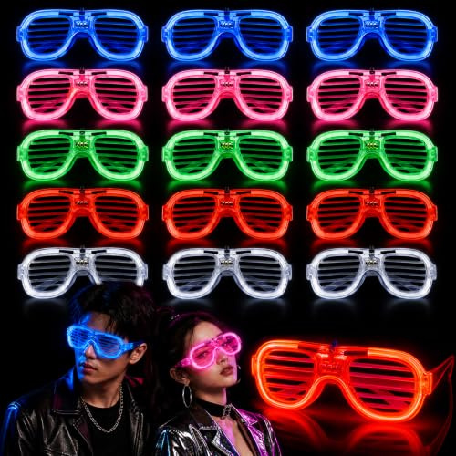 Iyxeo 15Pcs LED Glasses, Party Glasses in 5 Colours, Light Up Glasses for Birthday, Christmas, Concert, Glow Disco, Halloween, Neon Party Accessories