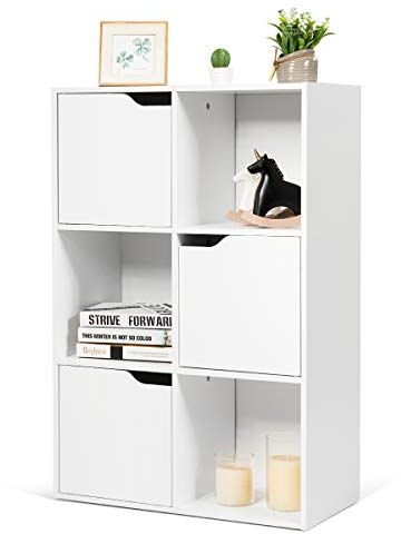 RELAX4LIFE Bücherschrank 6 Fächer, freistehendes Bücherregal mit 3 Türen, stabiles Standregal, Büroregal aus Holz für Wohnzimmer & Studierzimmer & Flur & Büro, Ordnerregal bis 80 kg belastbar, weiß