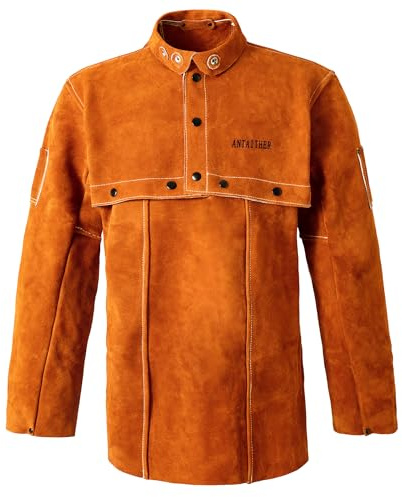 ANTAITHER Leather Welding Jacket with Open Back, Bib Apron with Cape Sleeve, Heat Flame Resistant Welder Coat (L)