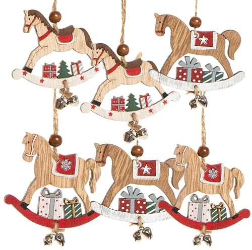Decorazioni natalizie legno a forma di cavalluccio a dondolo, 6 pezzi: pendenti natalizi per albero di Natale e regali, addobbi natalizi da appendere con campanellini, 8 x 6,5 cm