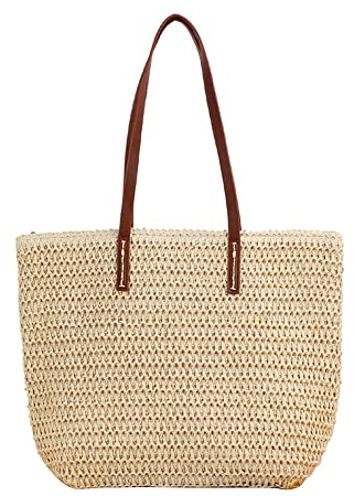 Hsthe Sea Damen handgewebte Stroh Umhängetasche groß Sommer Strand Ledergriffe Handtasche Tote mit Reißverschluss (beige)