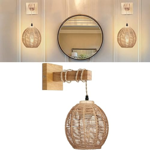 KZT Vintage Wandlampe Mit geflochtenem Rattan-Lampenschirm,E27 Retro Wandbeleuchtung Mit Schalter Und Stecker Dimmbar Wandleuchte,Boho Lampe Rustikal,für Schlafzimmer Flur Foyer Bars Hotels