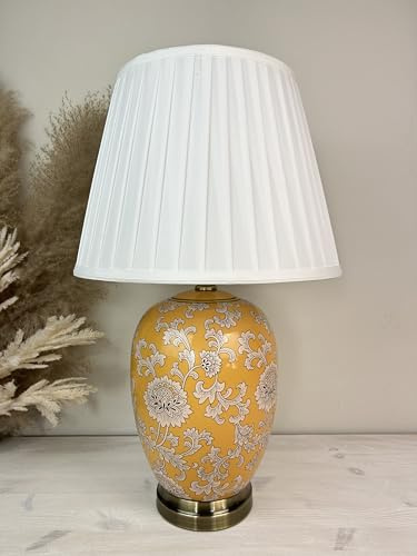 DOWNTON INTERIORS Yellow Chinese Oriental Ceramic Porcelain Table Lamp with Off White Floral Pattern (G2115) (White Pleated Shade)