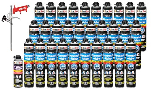 Isolbau B2 Lot de colle isolante - 30 x 750 ml - Pour périmètre, 1 x nettoyant pour mousse PU & 1 x pistolet à mousse pour plaques EPS & XPS - Colle PU 1K pour isolation et isolant