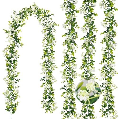 HIAGROW 6FT Eucalyptus Garland with Flowers, 4 Pack Greenery Hanging Spring Eucalyptus Garland Suitable for Table Wedding Backdrop Arch Wall Party Thanksgiving UV Protected Indoor Outdoor Decorations