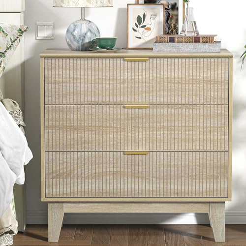 Yvsevnr Fluted Bedroom Chest of 3 Drawers Wooden Fluted Closet Dressers Anti-Tipping Large Nightstand Bedside Storage Cabinet Unit Clothes Storage Organizer for Living Room, Hallway, Nursery
