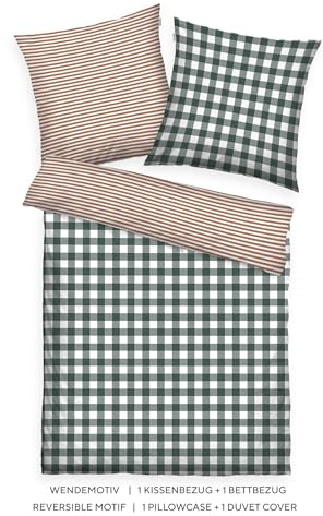 Herding Tom Tailor Linge de lit en Flanelle, 70x90 cm + 140x200 cm, 100% Coton/Flanelle, avec Motif réversible et Fermeture éclair colorée, Classic Check Vert, Brun (Forest & Rusty Red)