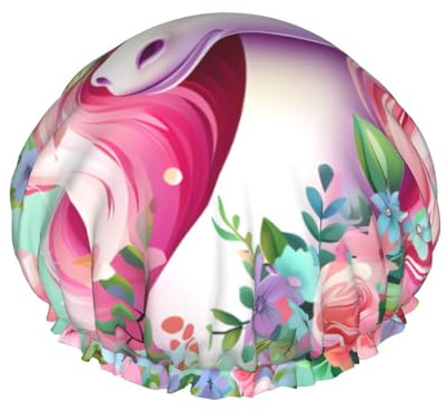 Rosa Einhorn Damen Duschhaube, wasserdicht, wiederverwendbar, mit waschbarer elastischer Schnur, geeignet für langes Haar und Zöpfe, ideal zum Duschen