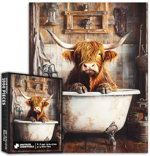Highland Cow in Bathtub 1000 Piece Jigsaw Puzzles for Adults Rustic Bathroom Scene Art Puzzle Challenging Family Activity Games Colorful DIY Craft Puzzle for Home Decor Gifts 50×70cm