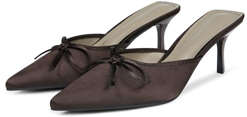 Galindopia Damen Mode Pantoletten Kitten Heel Ohne Verschluss Slide Slide Pointed Toe Bow Pumps Gemütlich Coctail Party Dress Schuhe Satin Brown Size 38
