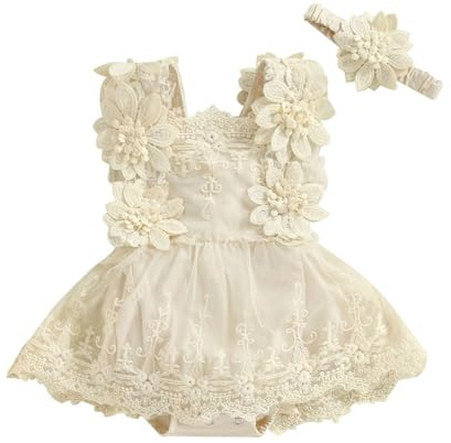 HEOXIN Neugeborenes Baby Mädchen Strampler Kleid, Kleinkind Spitze Blume Stickerei Tutu Taufkleid, ärmellos A-Linie Prinzessin Kleid mit Blume Stirnband Bodysuit für 6 Monate-1 Jahre, Beige