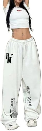 Pantalones De Baile Hip Hop, Pantalones De Cintura Alta con Cordón Y Gráficos, Corte Holgado, Rojo, Blanco, Negro, S-2XL (White,XL)