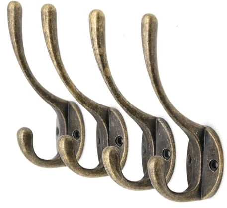 4 PCs Antique Brass Wall Hooks – Vintage Dual Prong Wall Mounted Hooks - Hangers, Height 3.9-in (10 cm)