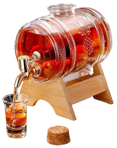 CeyKvo Carafe à whisky 1000 ml en forme de tonneau avec robinet, base en bois, bouchon en liège transparent - Cadeau parfait