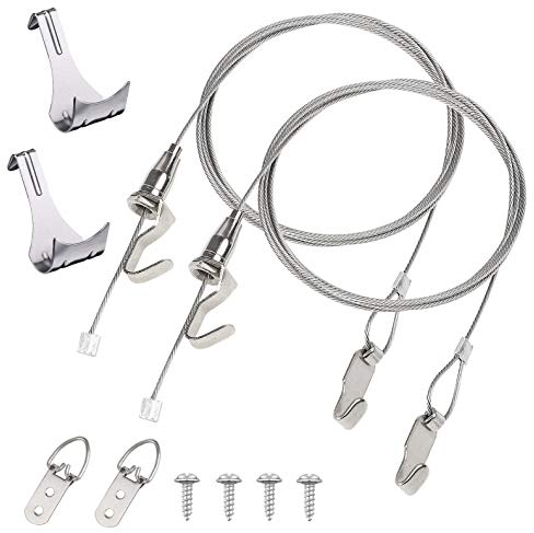 Hyber&Cara 2 x alambre colgante de acero inoxidable de 2mm x 2m para cuadros pinturas Espejo, con ganchos para colgar cuadros ajustables y ganchos de riel de imagen
