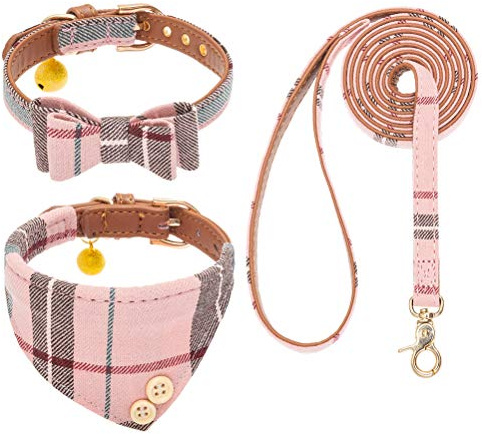 EXPAWLORER Set med halsband och koppel, klassisk rutig fluga och bandana-krage med klocka, trasselfritt koppel, justerbart för små, medelstora och stora hundar och katter, perfekt högtidsgåva