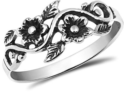 Blooming Wild Floral Vine .925 Sterling Silver Band Ring