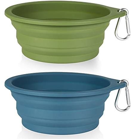 SLSON 2 Stück Hundenäpfe Faltbare Integrierter Reisenapf ohne Plastikrand,Tragbare Silikon Trinkschale zum Wanderungen und Camping für Hunde Katzen 600ML (Marine und Dunkelgrün)