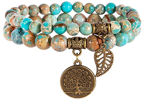 Farfume Chakra Armbänder für Frauen - Kristalle Armband Frauen natürliche Edelsteine Yoga Reiki - ein Satz von Doppel-Armbänder(Meeressediment(Mittel)