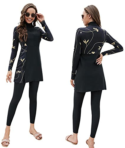 Femmes Maillots de Bain Musulmans Islamique Modest Couverture Complète Burkini Manches Longues Haut Pantalon Natation été Tenue de Plage Maillots Rashguards 2 Pièce Noir - épissage L