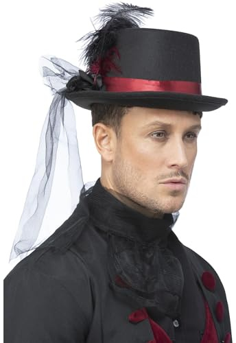 Smiffys Cappello a cilindro Black Vamp con rose, nero e rosso, con piume e velo Halloween