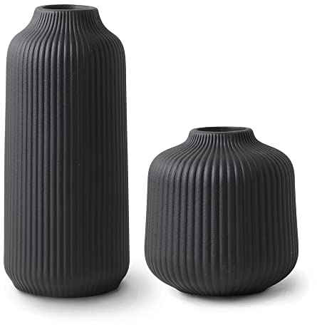 flature Ceramic Vases in Nordic Style, Modern Vase Deco for Pampas Grass, Boho Deco for Windowsill, Vases Set in Black Matt, Flower Vase as Home Decoration for Fresh Flowers, Dried Flowers, Set of 2