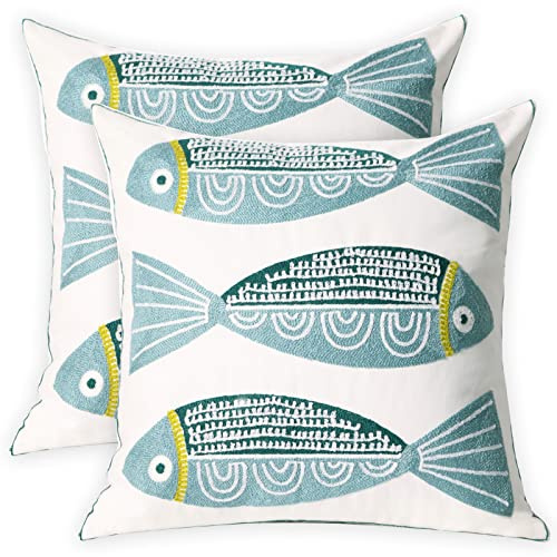 UnionKK 2 PCS Embroidered Throw Pillow Cover Cotton Decorative Square Cushion Cases for Home Sofa Bed and Chair 18 x 18 Inch (Blue Fish-2)