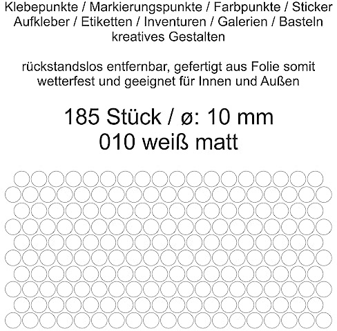 Aufkleber Etiketten Klebepunkte aus Folie 185 Stück weiß matt rund 10 mm selbstklebend farbig wetterfest Decal Markierungen Organisieren DIY basteln verzieren Modellbau Scrapbooking