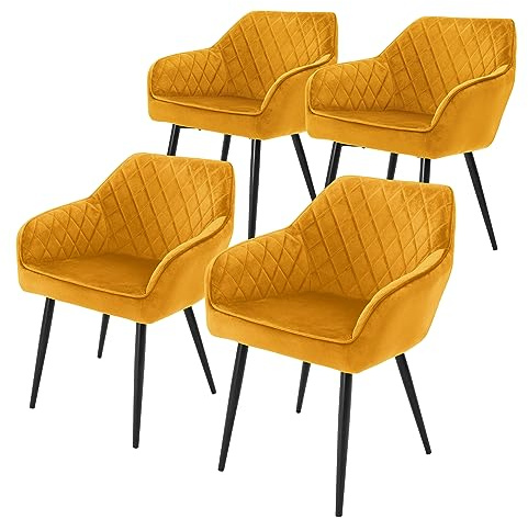 ML-Design Esszimmerstühle 4er Set mit Samtbezug, Senfgelb, Küchenstuhl mit Armlehne und Rückenlehne, Polsterstuhl mit Stahlgestell, Ergonomischer Stuhl für Esstisch, Esszimmerstuhl, Wohnzimmerstuhl