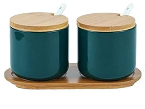 FülleMore 2er Set Zuckerdose Salzdose aus Keramik Gewürzgläser Gewürzbehälter mit Deckel,Löffel und Tablett 260ml Gewürzbox zur Aufbewahrung von Zucker,Salz,Gewürze,Kaffee,Tee (Grün)