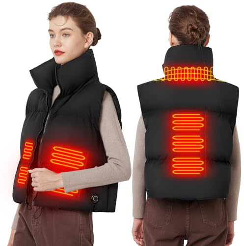 Heizweste Damen Puffer Weste mit 10000mAh Akku, Beheizbare Weste Elektrisch Winterjacke Kurzweste Heizjacke mit 4-Zonen Heizung, Beheizte Wärmeweste Ärmellose für Wander & Outdoor-Westen für Frauen