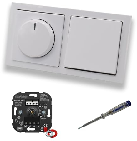 EBROM 1002 Universal PRO LED Drehdimmer Dimmer + Busch Jäger Dimmerscheibe 6540-84-102 und Lichttaster 2020 US in Future Linear Studioweiß glänzend inklusive EBROM Phasenprüfer zur Montage der Geräte