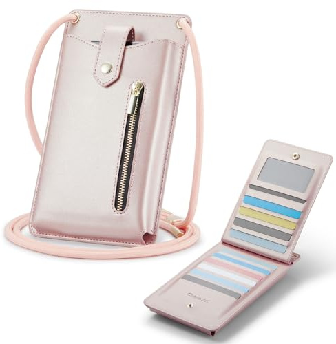 Casecond Handytasche zum Umhängen Geldbörse Universal Crossbody Handy Tasche Kleine Umhängetasche Damen mit Handykette für iPhone 15 14 11 Samsung Z Flip 5 4 S24 S23 Xiaomi Redmi Bis zu 7.3 Roségold