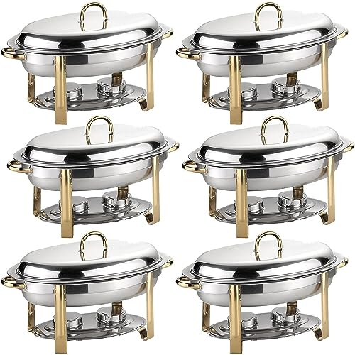 6L Oval Chafing Dish Set,2/4/5/6 Pack Full Size Stainless Steel Buffet Warmer Tray with Food Pan,Water Pan and Fuel Holders,for Weddings Caterings Parties (6pack)