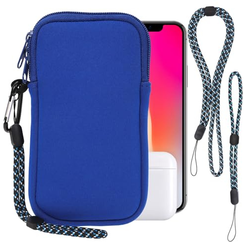 Custodia in Neoprene con Cerniera per Smartphone,Universali Astuccio Portacellulare Sacchetto Borsa Verticale impermeabile Custodia per Telefono con Cordino Moschettone for iPhone 14 15 16,Samsung,Blu