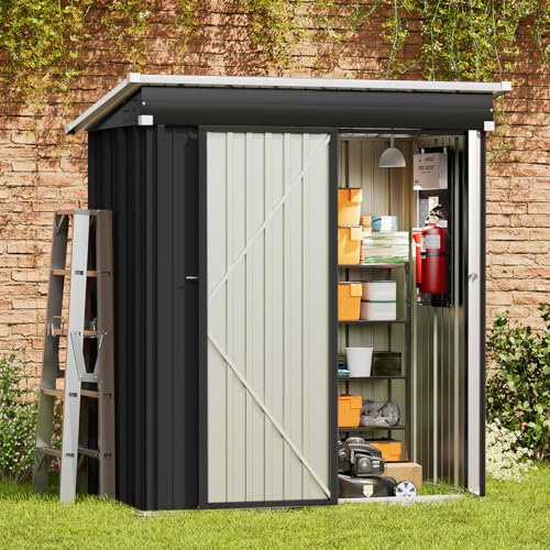 Amopatio Metal Garden Storage Shed 5x3 ft, Small Storage Shed 162x92x182 cm, Outdoor BikeShed Waterproof with Lockable Door for Winter, Backyard, Patio, Garbage Bin, Tools, Black