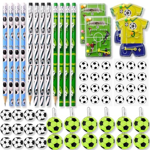 LXBCTOP 64 Stück Fußball Mitgebsel Set | Fußbälle Bleistifte, Fussball Radiergummi, Fußball Reflektoren Anhänger, Fussball Aufkleber